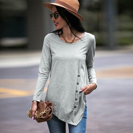 Women Long Sleeve Crew Neck Blouse Button Asymmetrical T Shirt Solid Color Tunic Tops