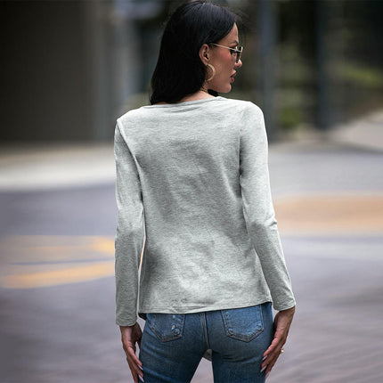 Women Long Sleeve Crew Neck Blouse Button Asymmetrical T Shirt Solid Color Tunic Tops