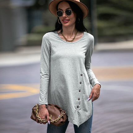 Women Long Sleeve Crew Neck Blouse Button Asymmetrical T Shirt Solid Color Tunic Tops