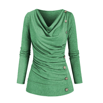 Women's Long Sleeve Shirts Cowl Neck Casual Button Ruched Loose Tunic Tops