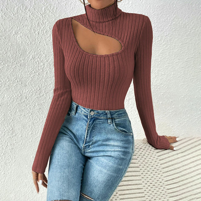 Womens Sweaters Casual Long Sleeve Shirts Turtle Neck Cut Out Slim Fit Knit Tops