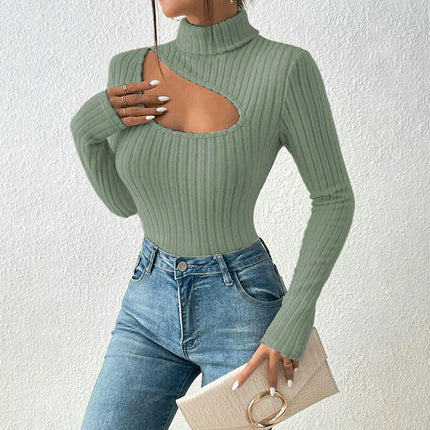 Womens Sweaters Casual Long Sleeve Shirts Turtle Neck Cut Out Slim Fit Knit Tops