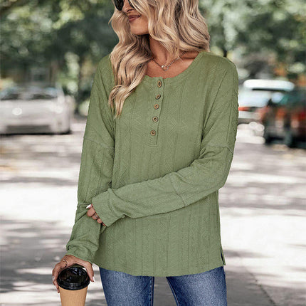 Long Sleeve Henley Shirts Button Casual Crew Neck Loose Tunics Top