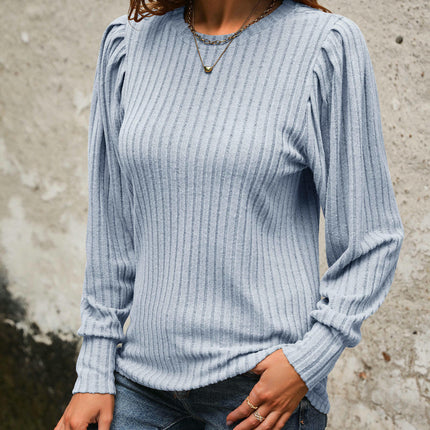 Women's Puff Long Sleeve Shirts Casual Knit Blouses Crew Neck Tunic Tops