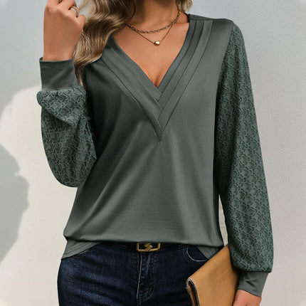 Womens Puff Sleeve Casual V Neck Long Sleeve Shirts Solid Color Tunic Tops
