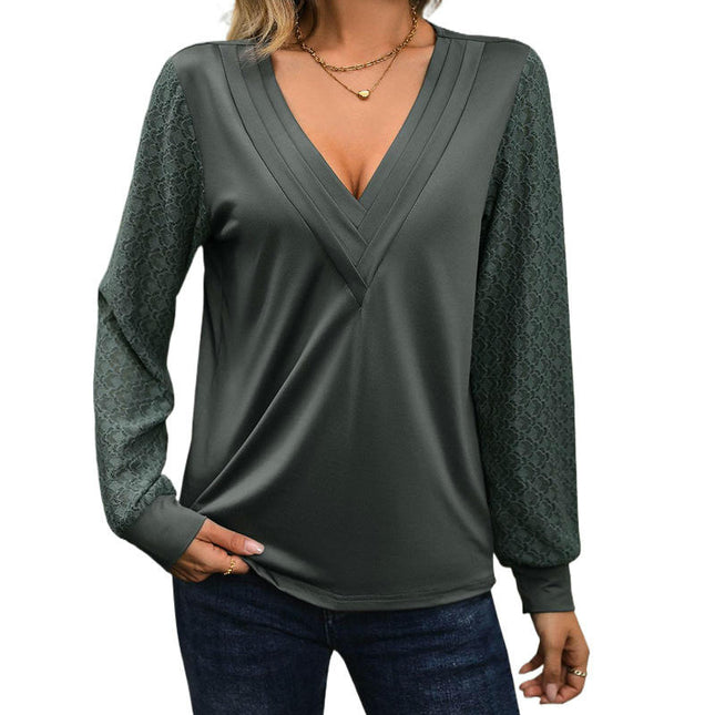 Womens Puff Sleeve Casual V Neck Long Sleeve Shirts Solid Color Tunic Tops
