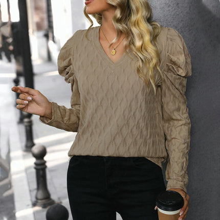 Women's Puff Long Sleeve Shirts V Neck Loose T-Shirts Casual Texture Tops