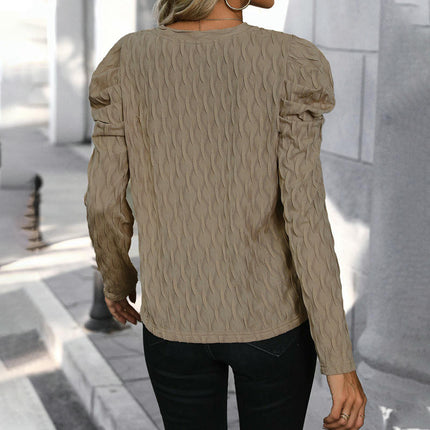 Women's Puff Long Sleeve Shirts V Neck Loose T-Shirts Casual Texture Tops