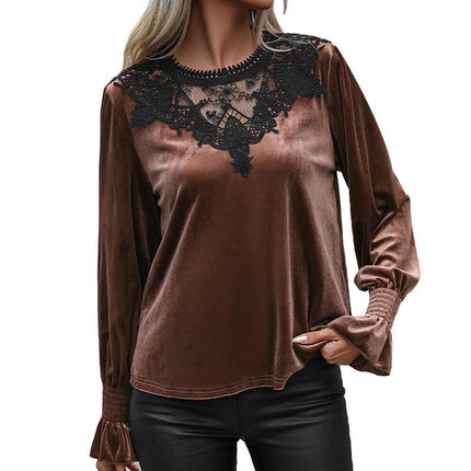 Women's Casual Puff Long Sleeve Velvet Tunic Tops Lace Trim Crew Neck Shirts Blouse