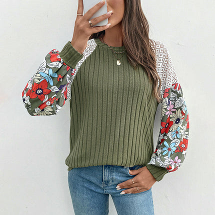 Women's Floral Tops Patchwork Long Sleeve Ribbed Crewneck Crochet Shirts Lace Knit Sweaters