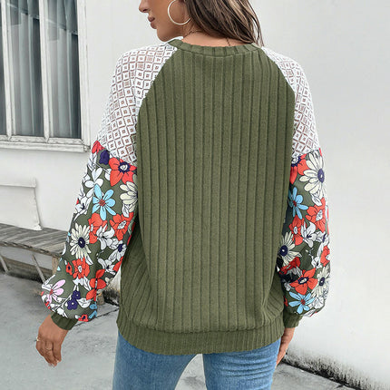 Women's Floral Tops Patchwork Long Sleeve Ribbed Crewneck Crochet Shirts Lace Knit Sweaters