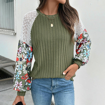 Women's Floral Tops Patchwork Long Sleeve Ribbed Crewneck Crochet Shirts Lace Knit Sweaters