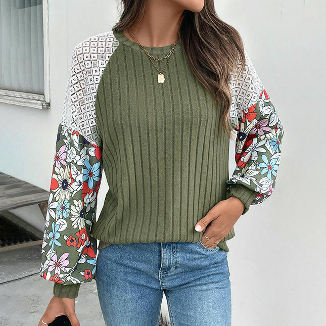 Women's Floral Tops Patchwork Long Sleeve Ribbed Crewneck Crochet Shirts Lace Knit Sweaters
