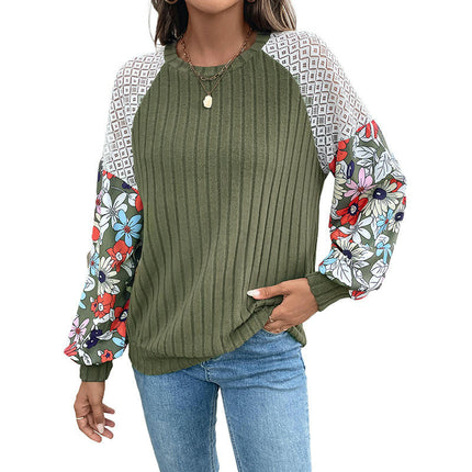Women's Floral Tops Patchwork Long Sleeve Ribbed Crewneck Crochet Shirts Lace Knit Sweaters