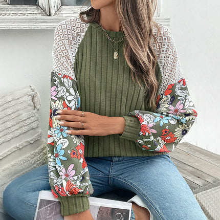 Women's Floral Tops Patchwork Long Sleeve Ribbed Crewneck Crochet Shirts Lace Knit Sweaters