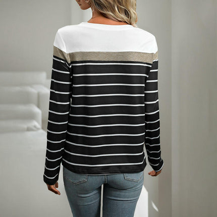 Womens Long Sleeve Stripe Fall Casual Tunic Tops Crew Neck Color Block T Shirts