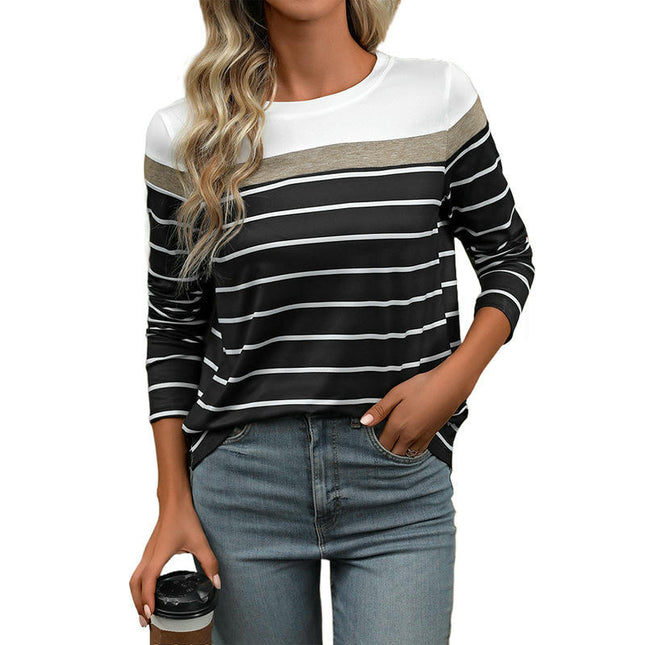 Womens Long Sleeve Stripe Fall Casual Tunic Tops Crew Neck Color Block T Shirts