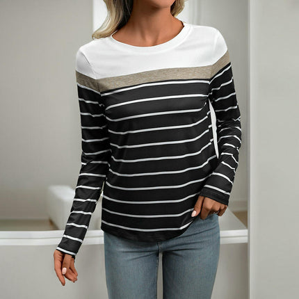 Womens Long Sleeve Stripe Fall Casual Tunic Tops Crew Neck Color Block T Shirts