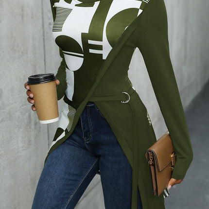 Womens Crew Neck Long Sleeve T Shirts Split Asymmetrical Hem Slim Fit Casual Tops