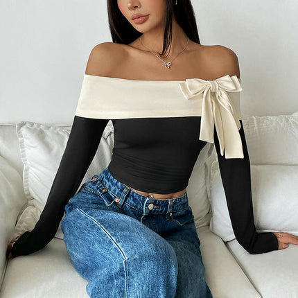 Women's Color Block Off The Shoulder Bow T Shirts Long Sleeve Slim Fitted Tops