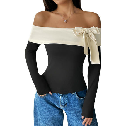 Women's Color Block Off The Shoulder Bow T Shirts Long Sleeve Slim Fitted Tops