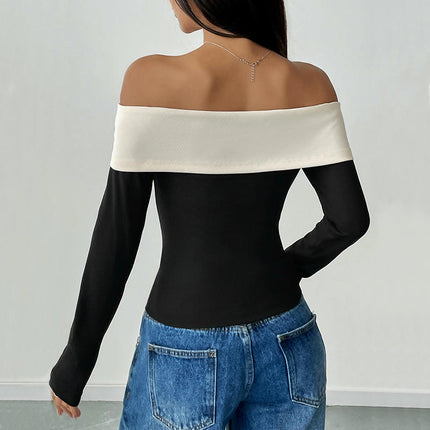 Women's Color Block Off The Shoulder Bow T Shirts Long Sleeve Slim Fitted Tops