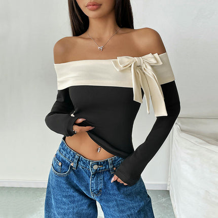 Women's Color Block Off The Shoulder Bow T Shirts Long Sleeve Slim Fitted Tops