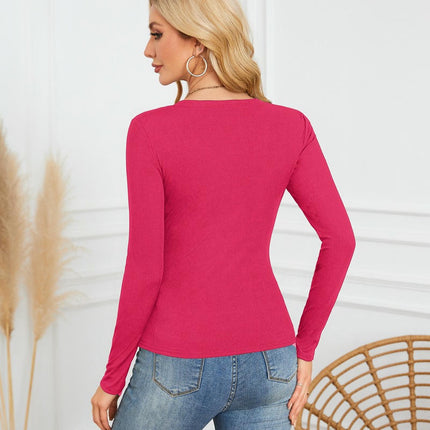 Women's Long Sleeve T Shirts V Neck Slim Fitted Top Ribbed Solid Casual Blouse