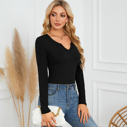 Women's Long Sleeve T Shirts V Neck Slim Fitted Top Ribbed Solid Casual Blouse