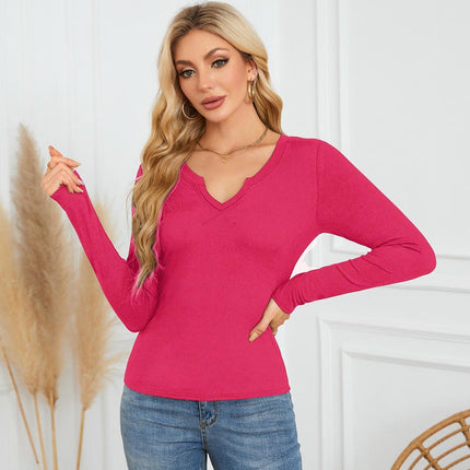 Women's Long Sleeve T Shirts V Neck Slim Fitted Top Ribbed Solid Casual Blouse