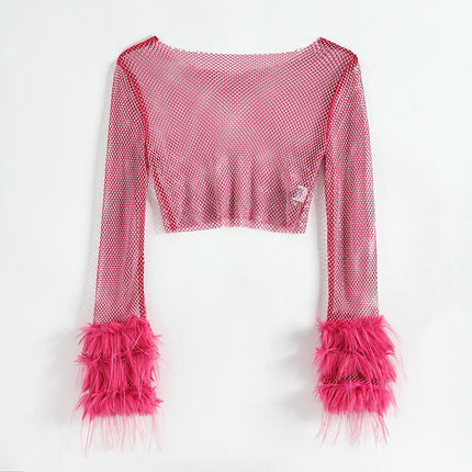 Women Rhinestone Sheer Mesh Crop Top Sexy See Through Long Sleeve Slim Fit Cropped Blouse