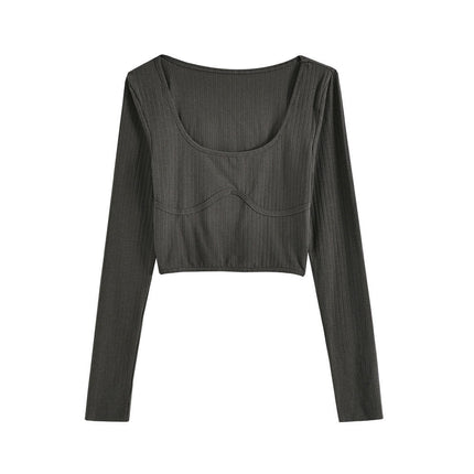 Women's Long Sleeve Crop Tops Casual Scoop Neck Ribbed Slim Fitted Tee Shirts