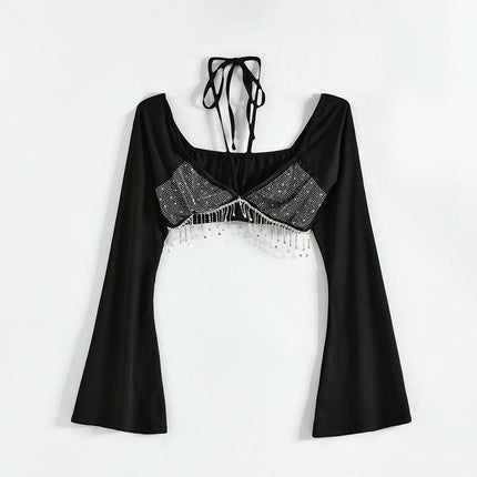 Women's Sexy V Neck Long Sleeve Rhinestone Tassel Slim Fit Going Out Crop Tops