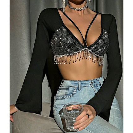 Women's Sexy V Neck Long Sleeve Rhinestone Tassel Slim Fit Going Out Crop Tops