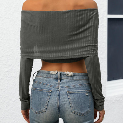 Women's Sexy Off Shoulder Crop Tops Casual Slim Fit Long Sleeves Blouse Going Out Shirt