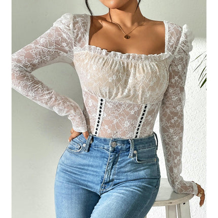 Women Lace Long Sleeve Square Neck Slim Fit Sheer T-Shirt Sexy Floral Lace Blouse Crop Top