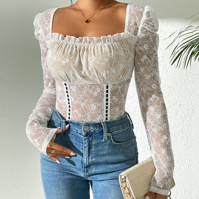 Women Lace Long Sleeve Square Neck Slim Fit Sheer T-Shirt Sexy Floral Lace Blouse Crop Top