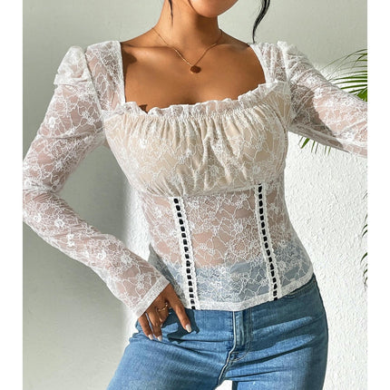 Women Lace Long Sleeve Square Neck Slim Fit Sheer T-Shirt Sexy Floral Lace Blouse Crop Top