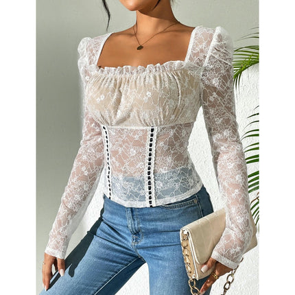 Women Lace Long Sleeve Square Neck Slim Fit Sheer T-Shirt Sexy Floral Lace Blouse Crop Top