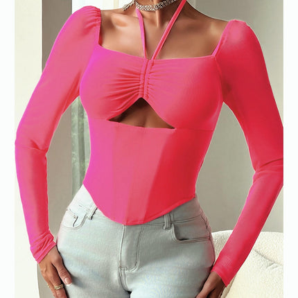 Women's Mesh Square Neck Tshirts Sexy Cut Out Long Sleeve Crop Tops