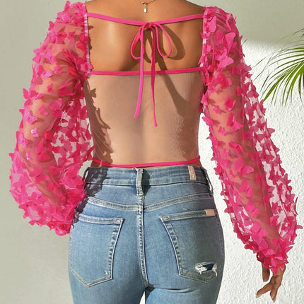 Women Long Sleeve Off Shoulder Top See Through Mesh Slim Fit Crop Top