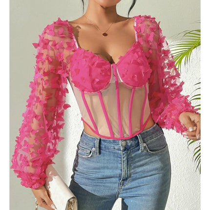 Women Long Sleeve Off Shoulder Top See Through Mesh Slim Fit Crop Top