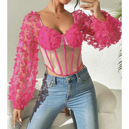 Women Long Sleeve Off Shoulder Top See Through Mesh Slim Fit Crop Top