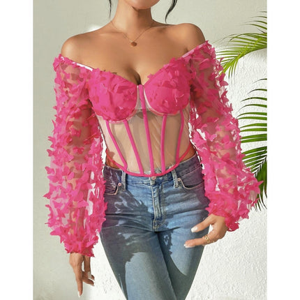 Women Long Sleeve Off Shoulder Top See Through Mesh Slim Fit Crop Top