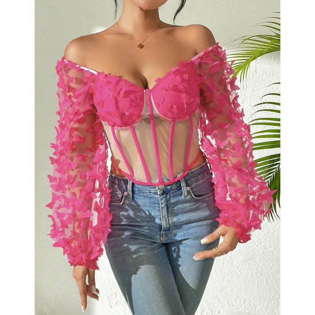 Women Long Sleeve Off Shoulder Top See Through Mesh Slim Fit Crop Top
