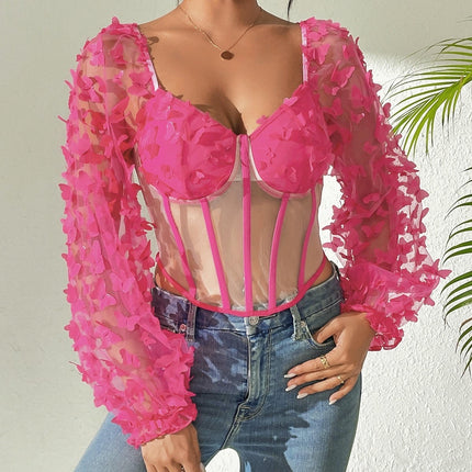 Women Long Sleeve Off Shoulder Top See Through Mesh Slim Fit Crop Top