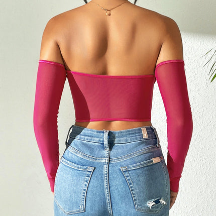 Women's Sexy Mesh Sheer Long Sleeve Corset Crop Top Off Shoulder Blouse Shirts
