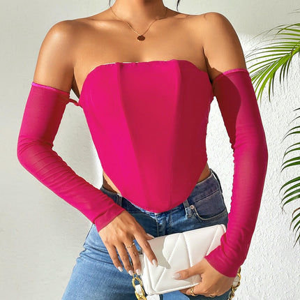 Women's Sexy Mesh Sheer Long Sleeve Corset Crop Top Off Shoulder Blouse Shirts