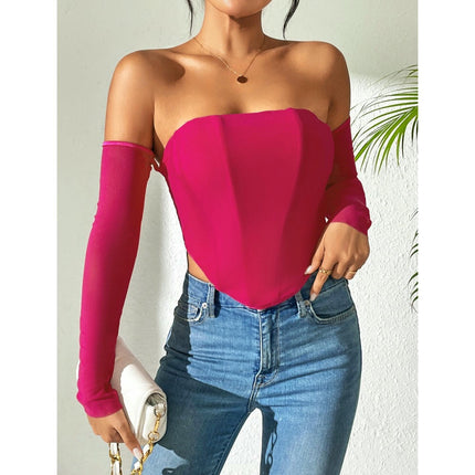 Women's Sexy Mesh Sheer Long Sleeve Corset Crop Top Off Shoulder Blouse Shirts