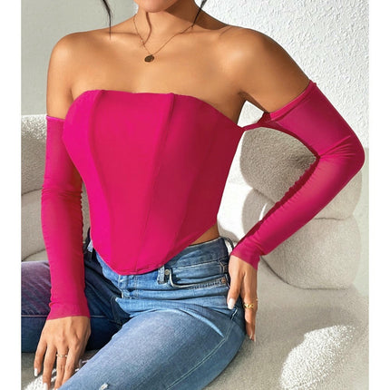 Women's Sexy Mesh Sheer Long Sleeve Corset Crop Top Off Shoulder Blouse Shirts